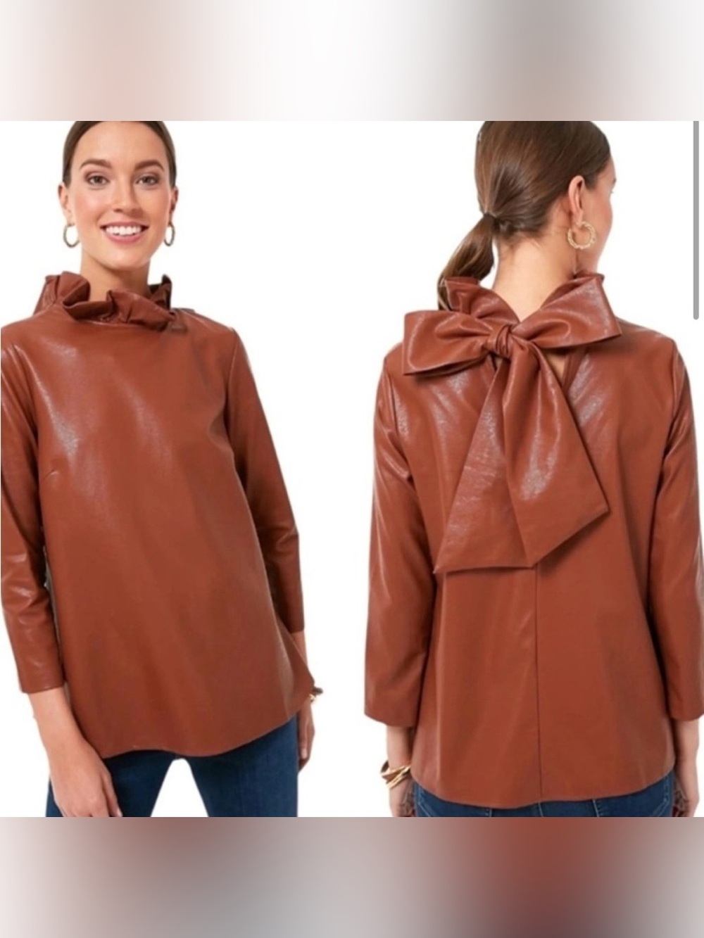 Tuckernuck Cognac Faux Leather Faye Blouse Small Bow Ruffle 3/4 Sleeve Statement